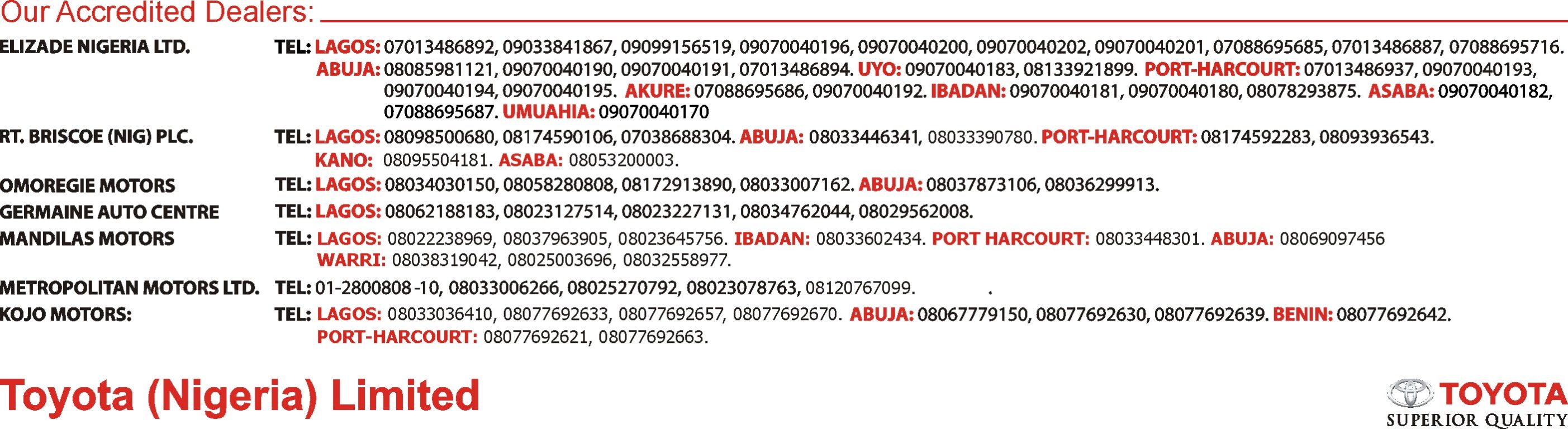 Toyata Dealer Address & Telephone no